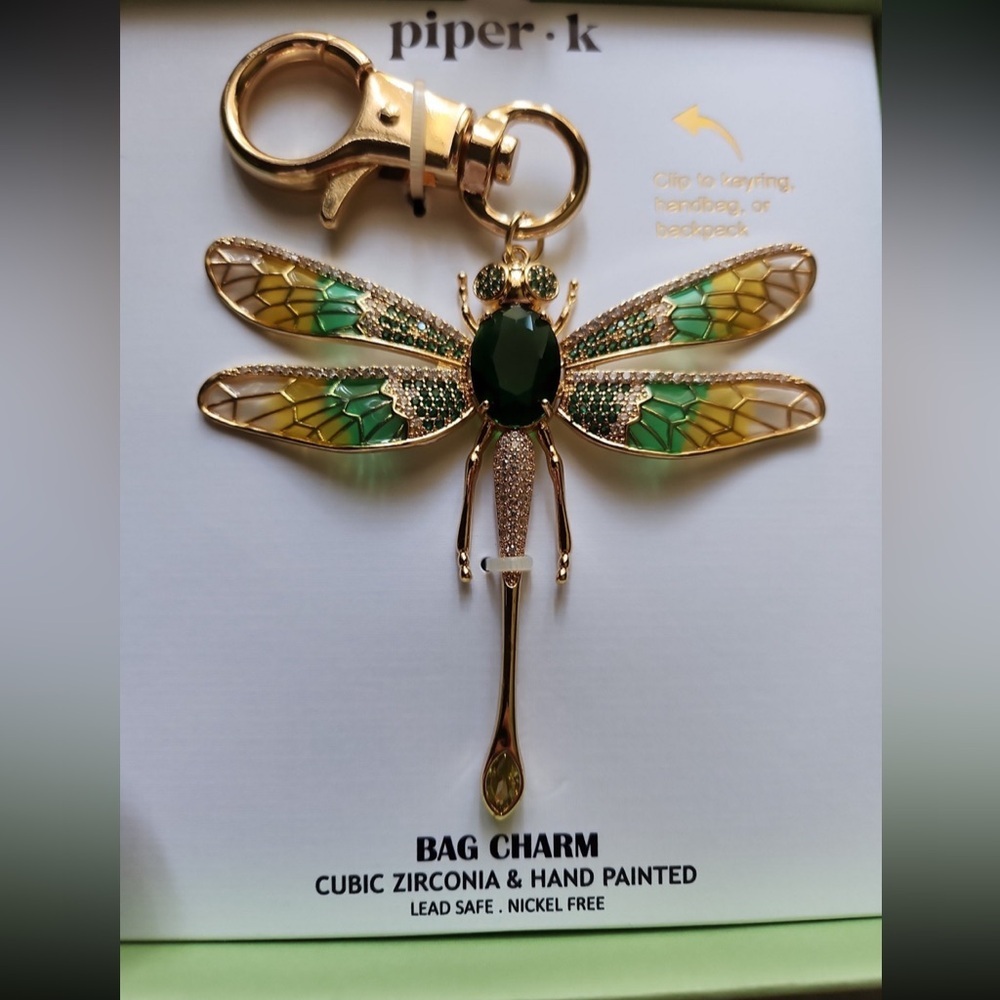 PIPER K Dragonfly Gold Hand-Painted with CZ Articulated Wings Bag Charm NEW NWT - Picture 9 of 15